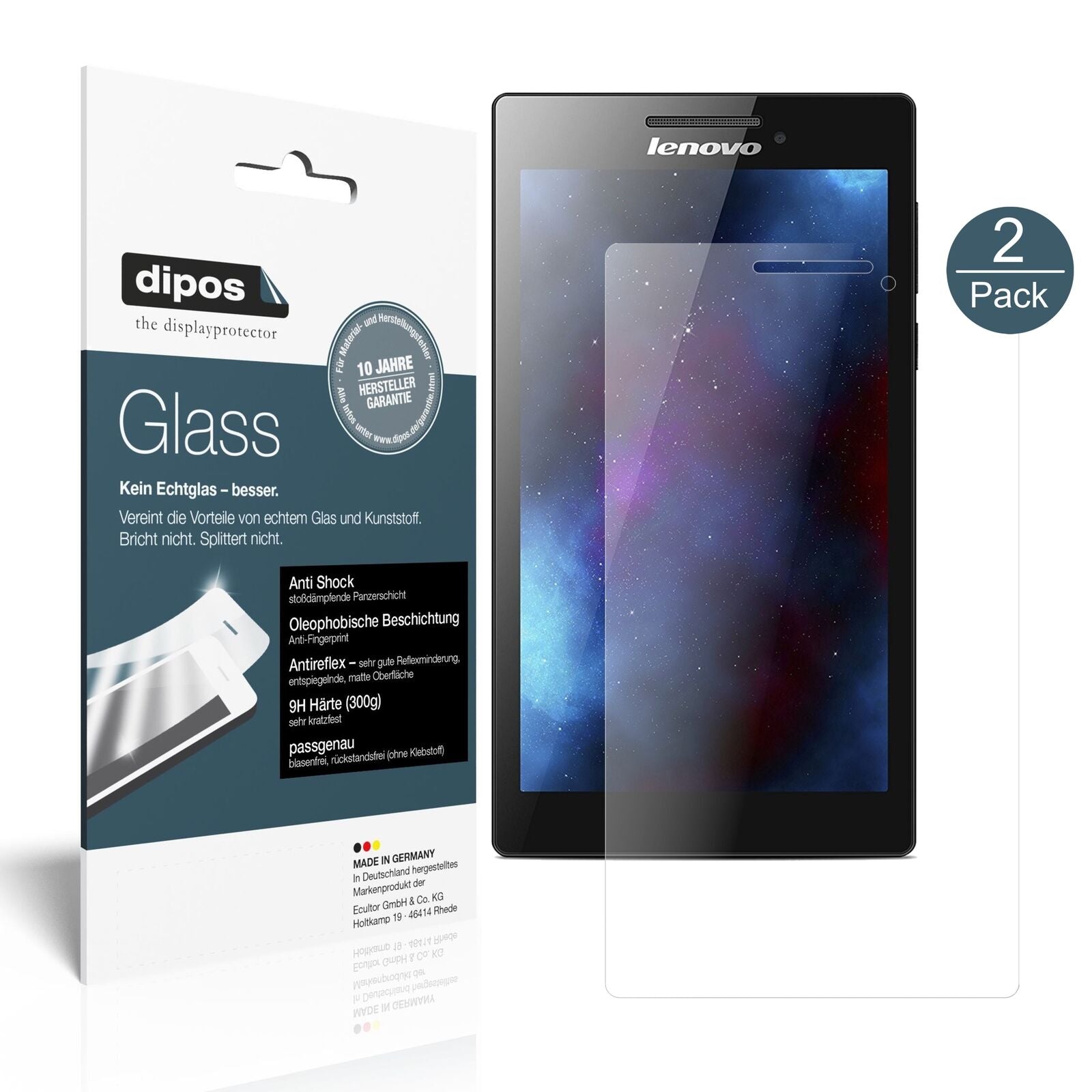 LenovoTab 2 A7-10 mit aufgebrachter dipos Panzerfolie, die lästige Fingerabdrücke minimiert
