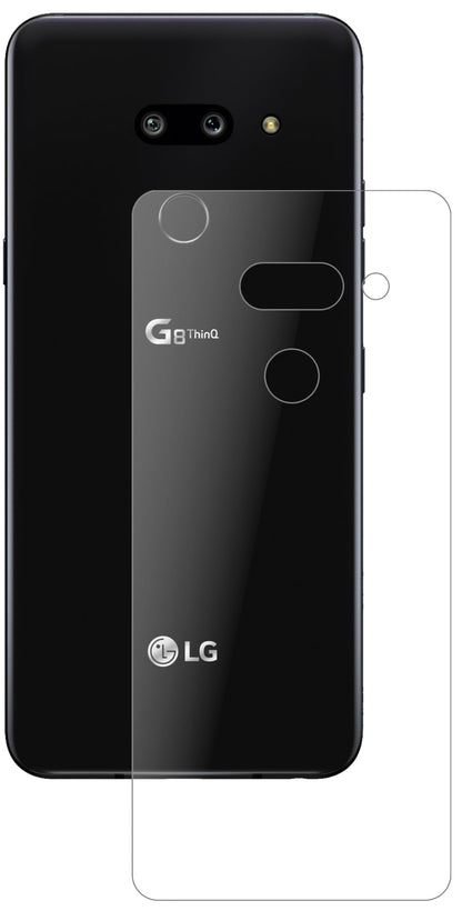 LGG8 ThinQ Rückseite mit aufgebrachter dipos Panzerfolie, die lästige Fingerabdrücke minimiert