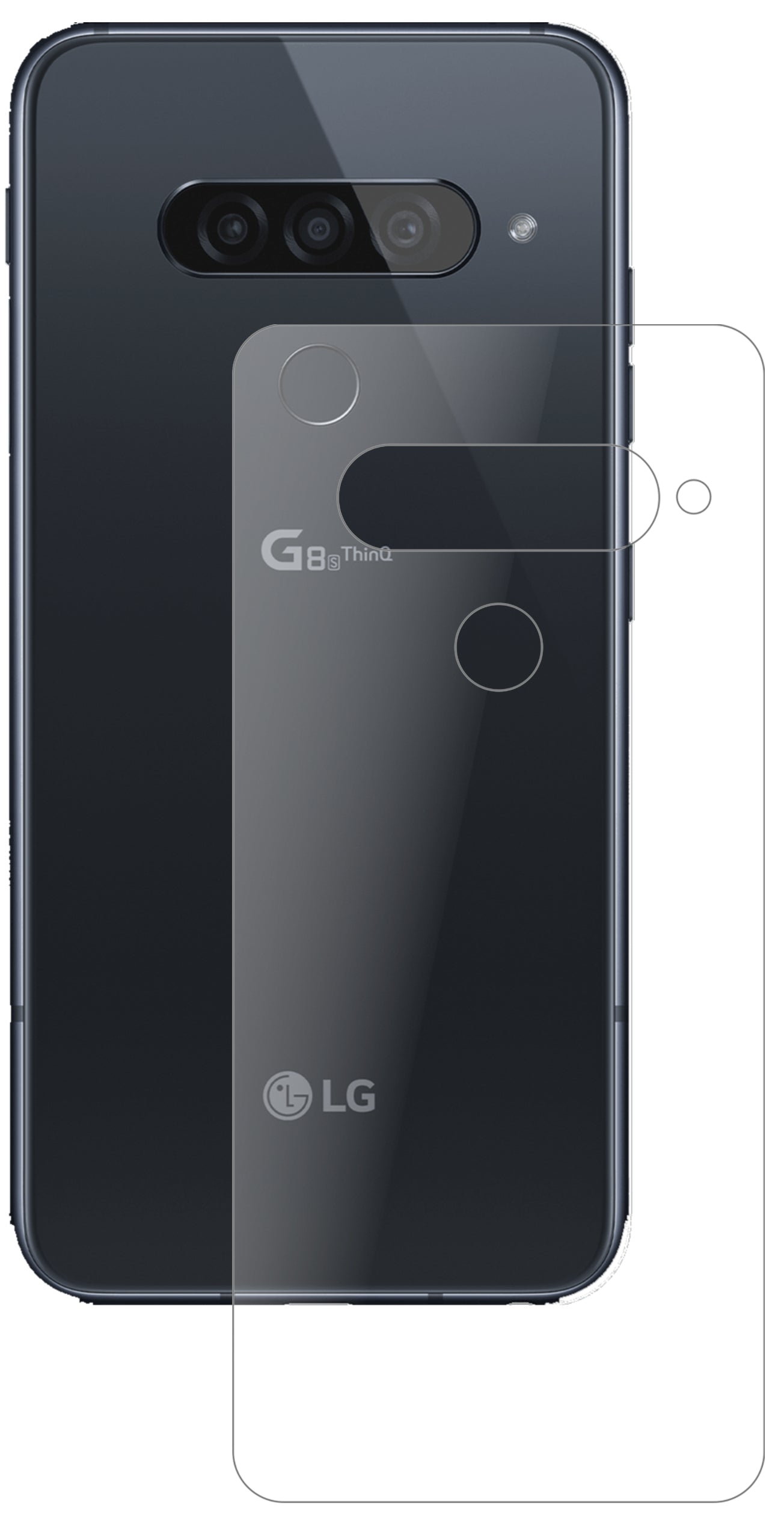 LGG8s ThinQ Rückseite mit aufgebrachter dipos Panzerfolie, die lästige Fingerabdrücke minimiert