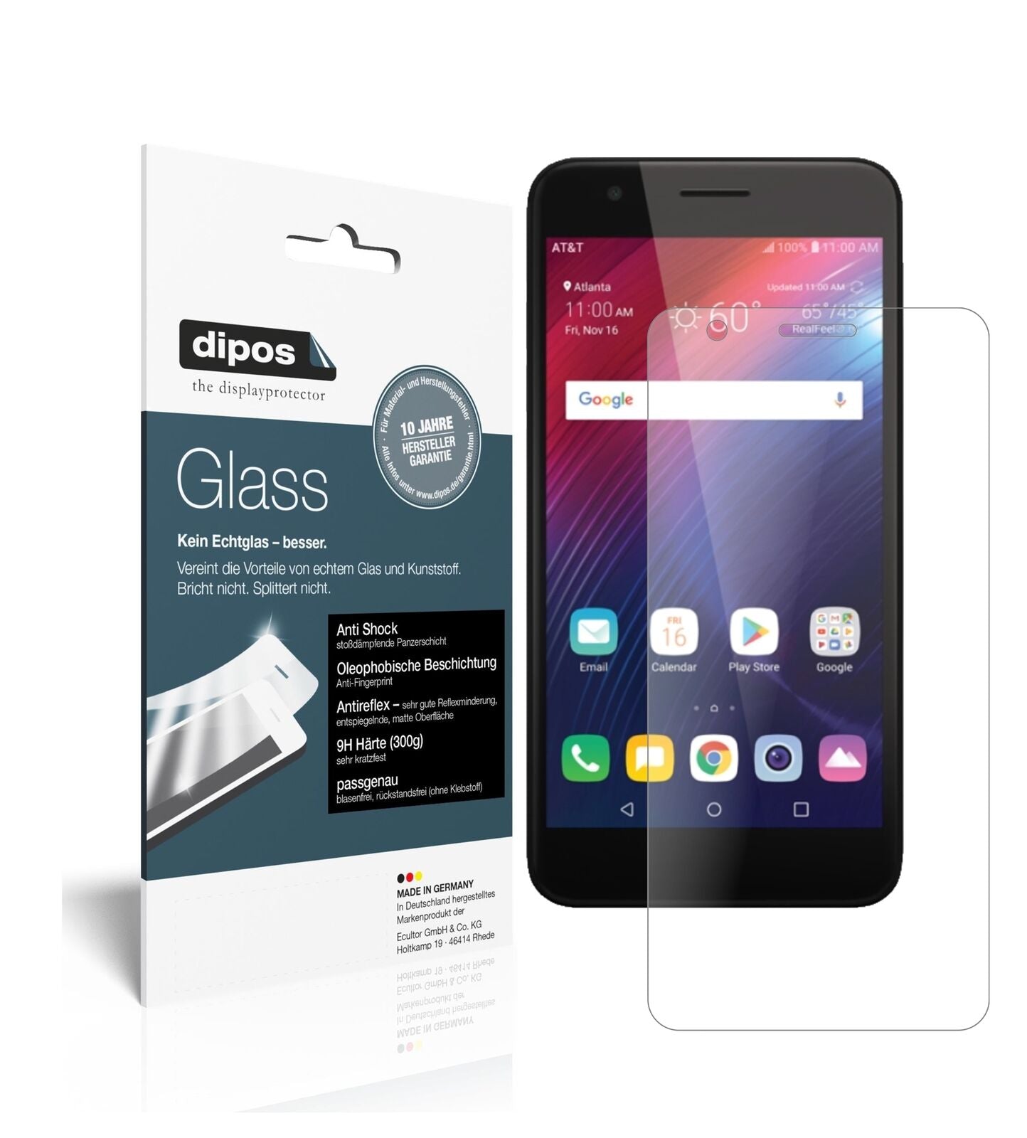 LGPhoenix Plus mit aufgebrachter dipos Panzerfolie, die lästige Fingerabdrücke minimiert