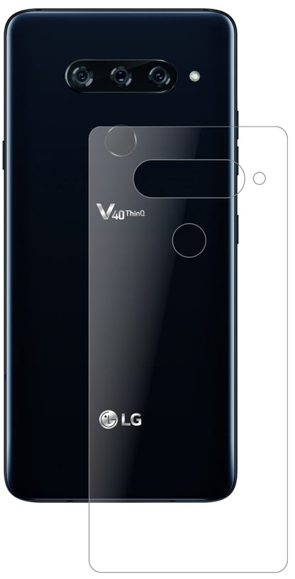 LGV40 ThinQ Rückseite mit aufgebrachter dipos Panzerfolie, die lästige Fingerabdrücke minimiert