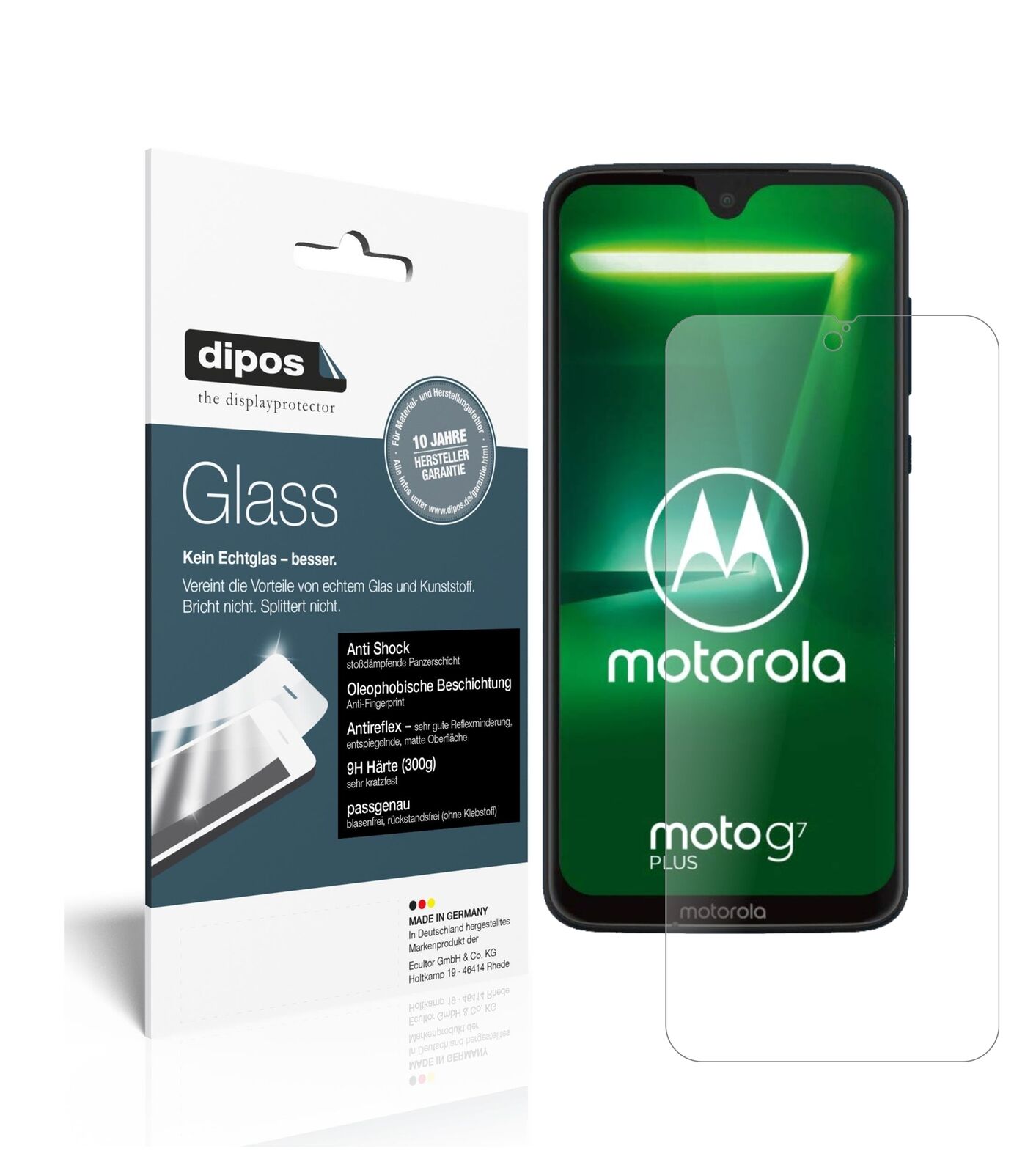 MotorolaMoto G7 Plus mit aufgebrachter dipos Panzerfolie, die lästige Fingerabdrücke minimiert