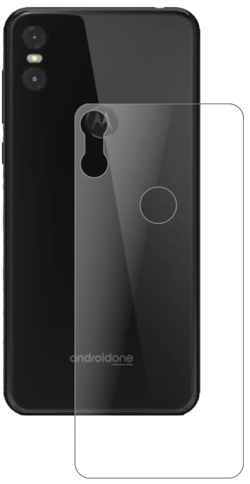 MotorolaOne Rückseite mit aufgebrachter dipos Panzerfolie, die lästige Fingerabdrücke minimiert