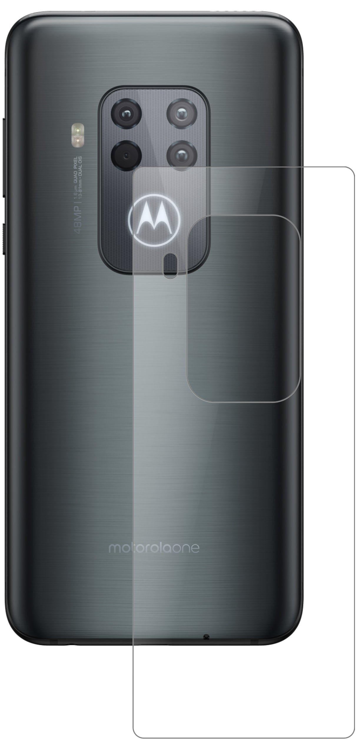 MotorolaOne Zoom Rückseite mit aufgebrachter dipos Panzerfolie, die lästige Fingerabdrücke minimiert