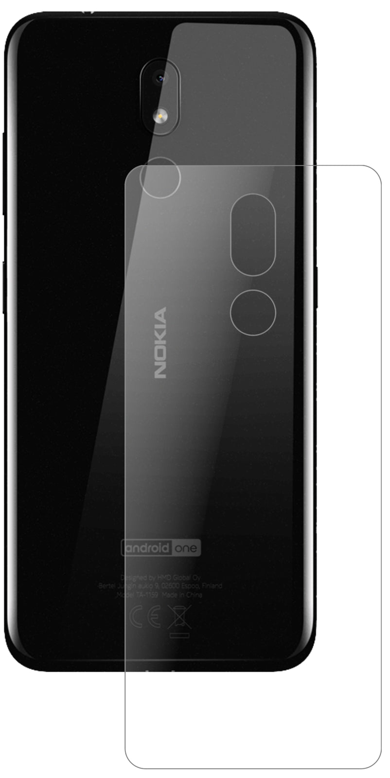 Nokia3.2 Rückseite mit aufgebrachter dipos Panzerfolie, die lästige Fingerabdrücke minimiert