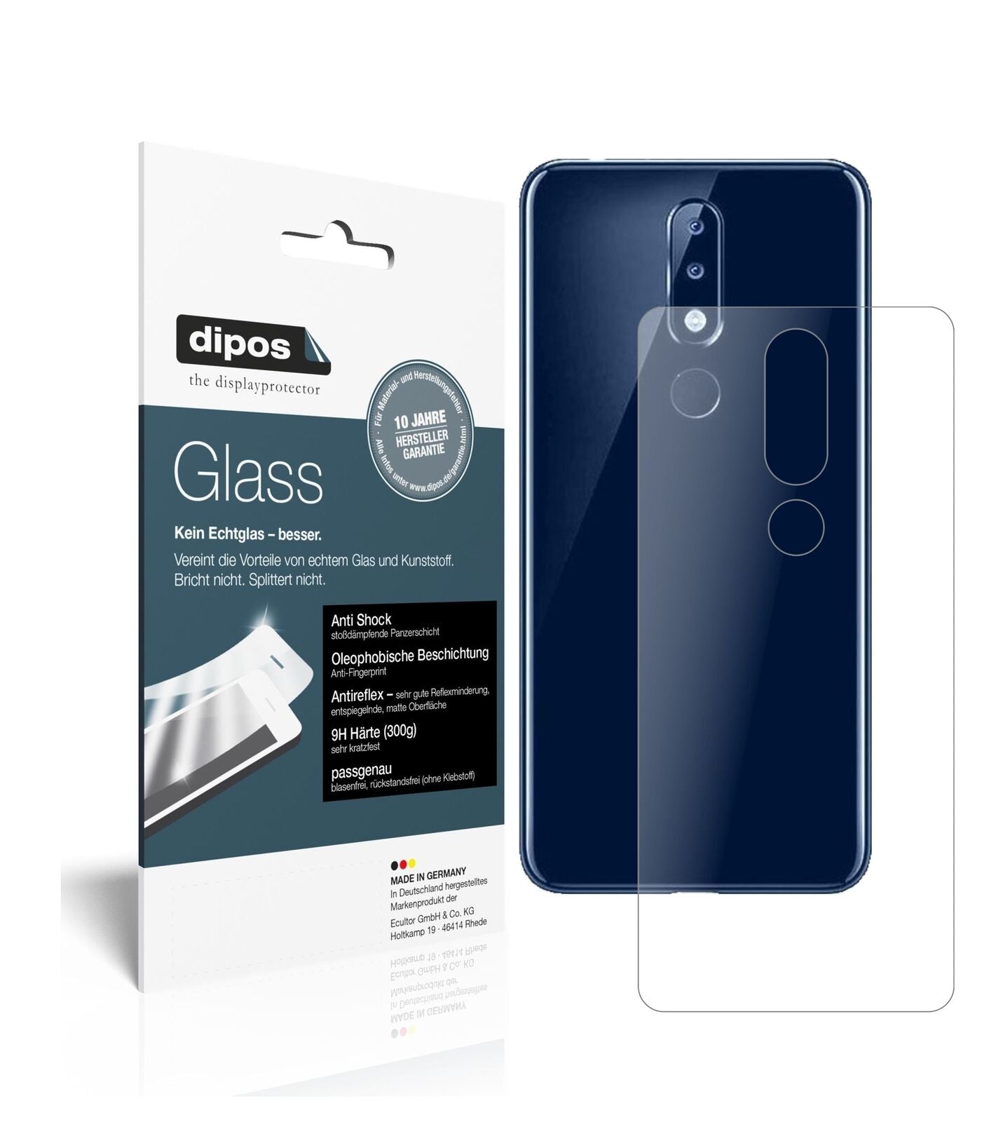 Nokia5.1 Plus Rückseite mit aufgebrachter dipos Panzerfolie, die lästige Fingerabdrücke minimiert
