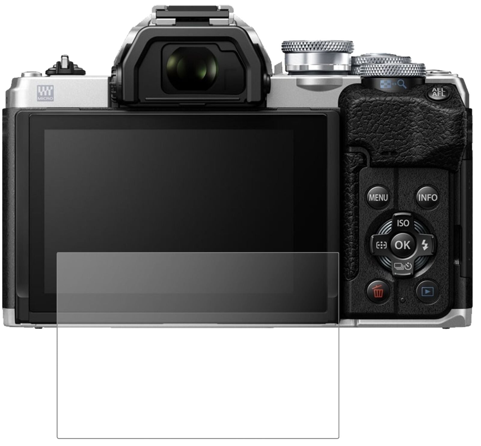OlympusOM-D E-M10 Mark IV mit aufgebrachter dipos Panzerfolie, die lästige Fingerabdrücke minimiert