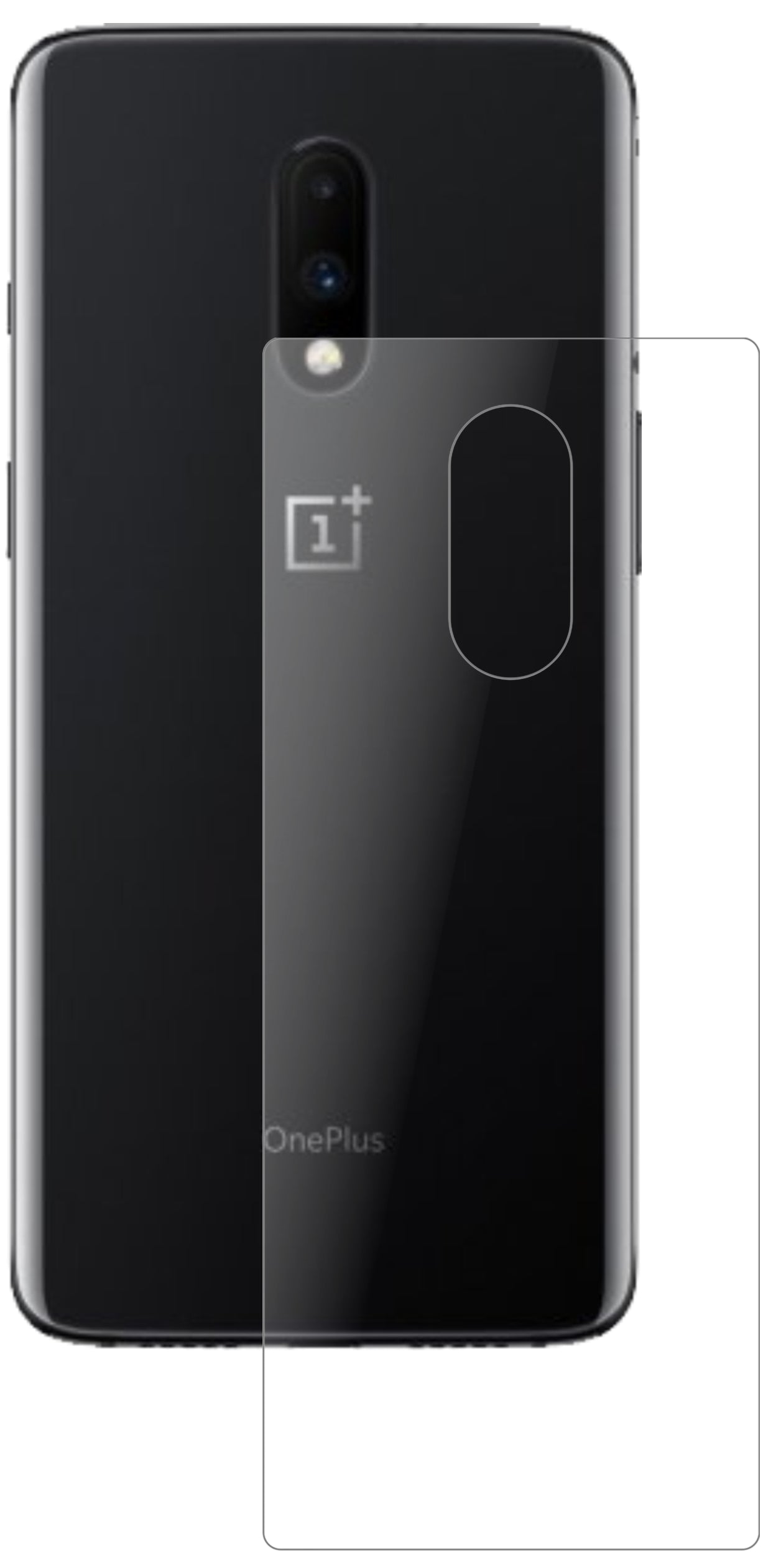OnePlus7 Rückseite mit aufgebrachter dipos Panzerfolie, die lästige Fingerabdrücke minimiert