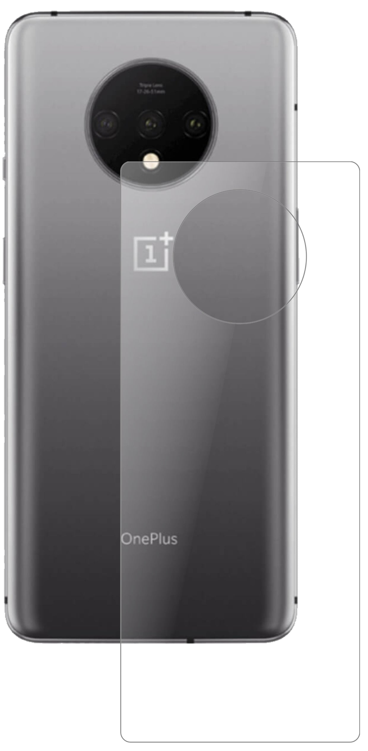 OnePlus7T Rückseite mit aufgebrachter dipos Panzerfolie, die lästige Fingerabdrücke minimiert