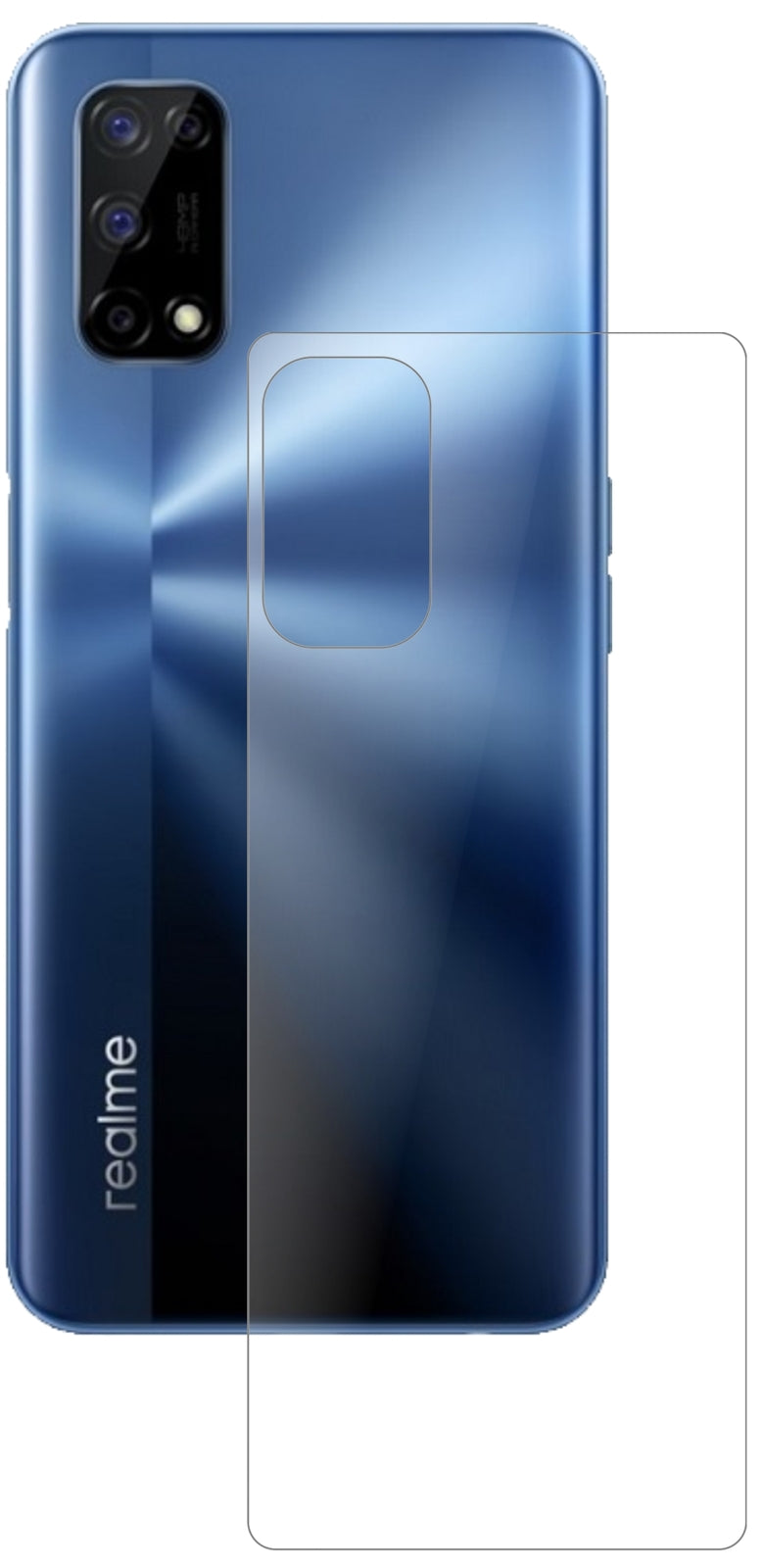 OppoRealme V5 5G Rückseite mit aufgebrachter dipos Panzerfolie, die lästige Fingerabdrücke minimiert