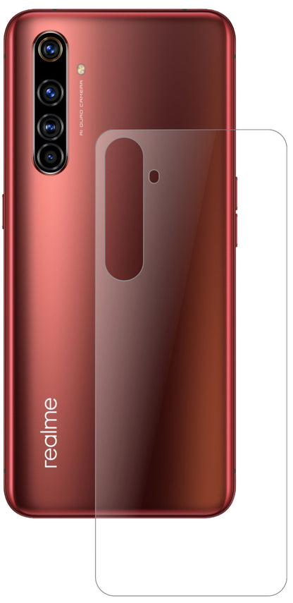 OppoRealme X50t 5G Rückseite mit aufgebrachter dipos Panzerfolie, die lästige Fingerabdrücke minimiert