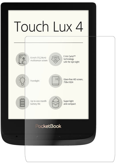 PocketBookTouch Lux 4 mit aufgebrachter dipos Panzerfolie, die lästige Fingerabdrücke minimiert