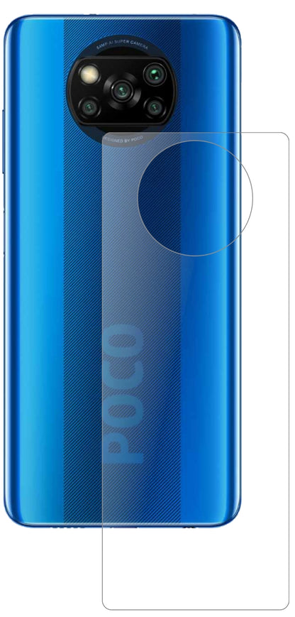 PocoX3 NFC Rückseite mit aufgebrachter dipos Panzerfolie, die lästige Fingerabdrücke minimiert