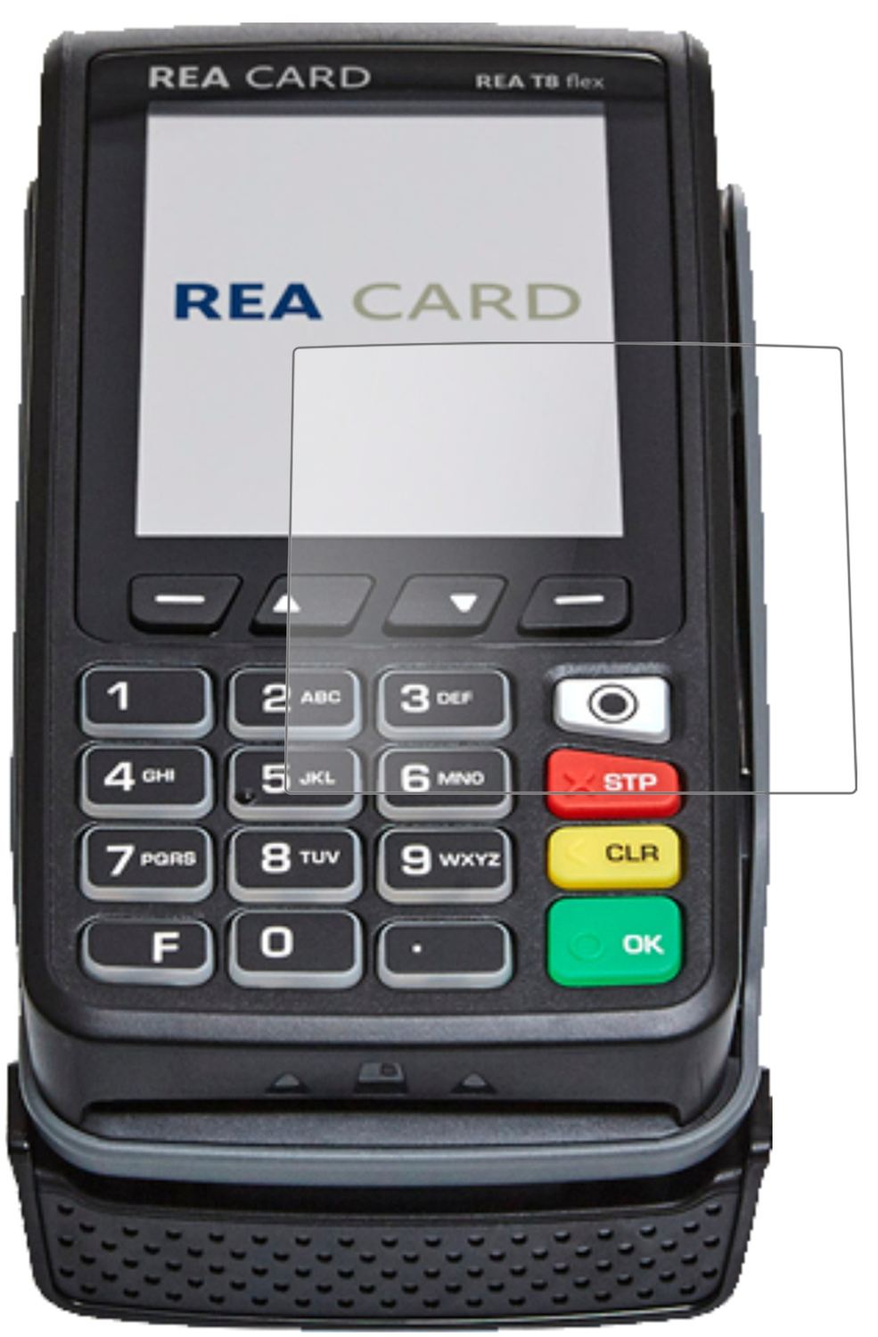 REA CARDT8 flex Terminal mit aufgebrachter dipos Panzerfolie, die lästige Fingerabdrücke minimiert