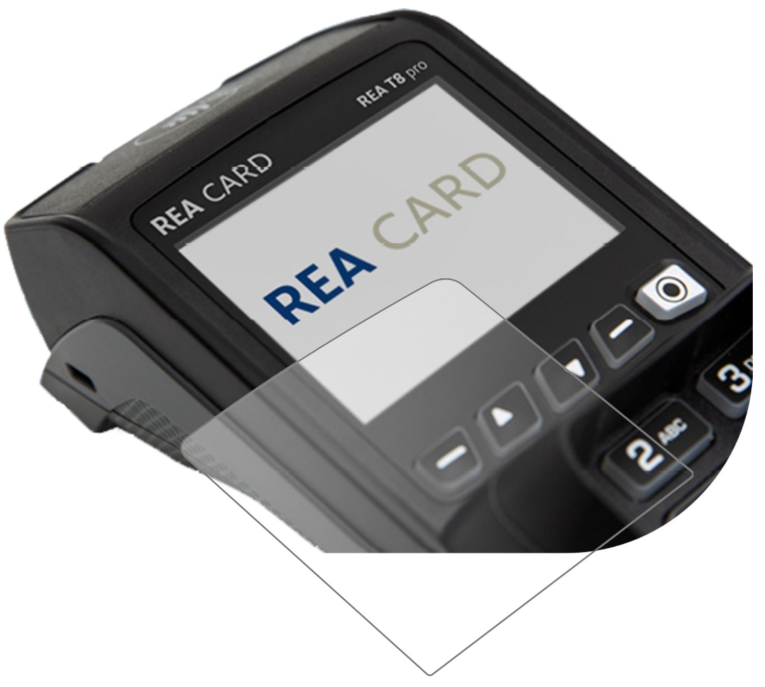 REA CARDT8 pro Terminal mit aufgebrachter dipos Panzerfolie, die lästige Fingerabdrücke minimiert
