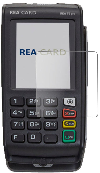 REA CARDT9 pro Terminal mit aufgebrachter dipos Panzerfolie, die lästige Fingerabdrücke minimiert