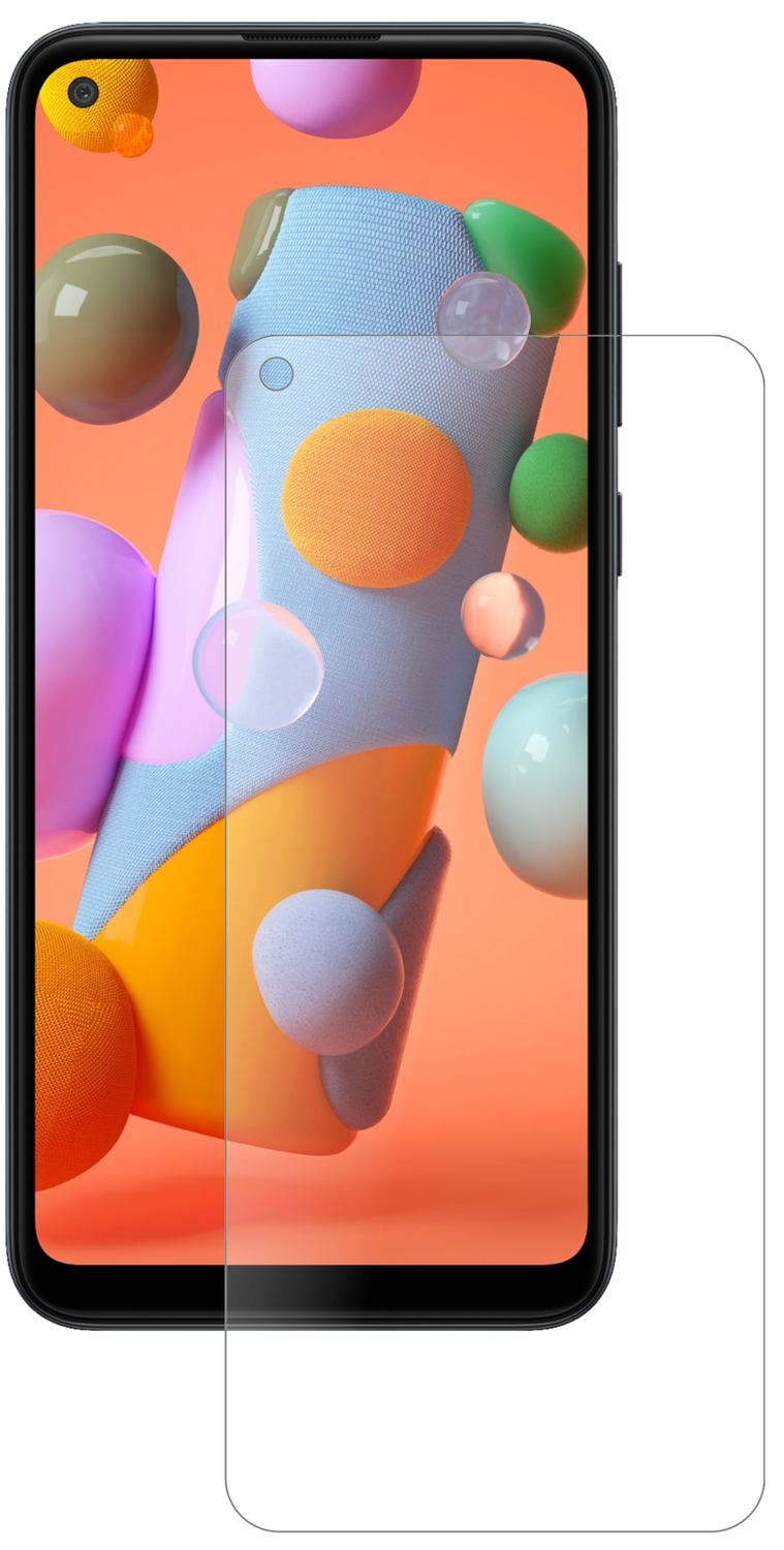 SamsungGalaxy A11 mit aufgebrachter dipos Panzerfolie, die lästige Fingerabdrücke minimiert