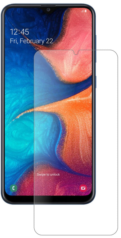 SamsungGalaxy A20e mit aufgebrachter dipos Panzerfolie, die lästige Fingerabdrücke minimiert