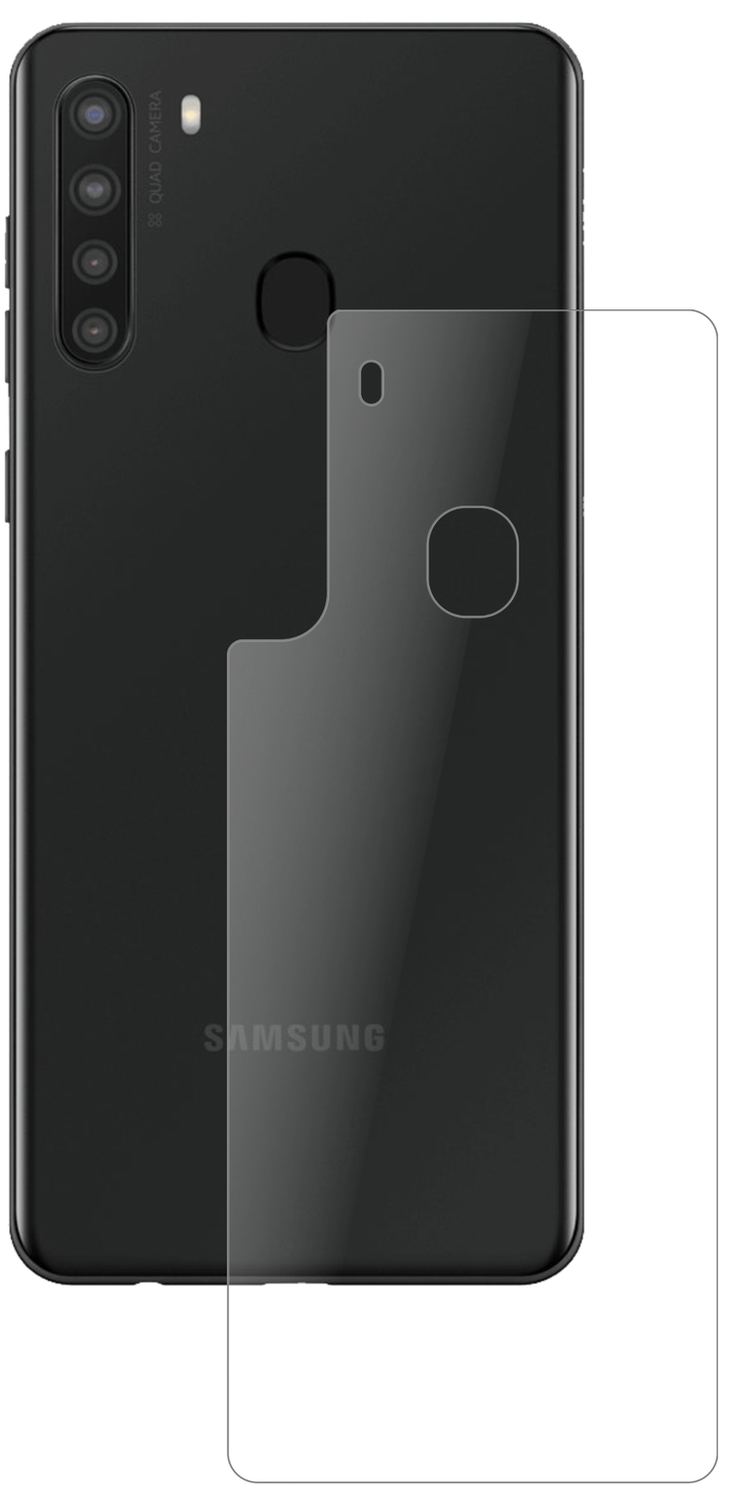 SamsungGalaxy A21 Rückseite mit aufgebrachter dipos Panzerfolie, die lästige Fingerabdrücke minimiert