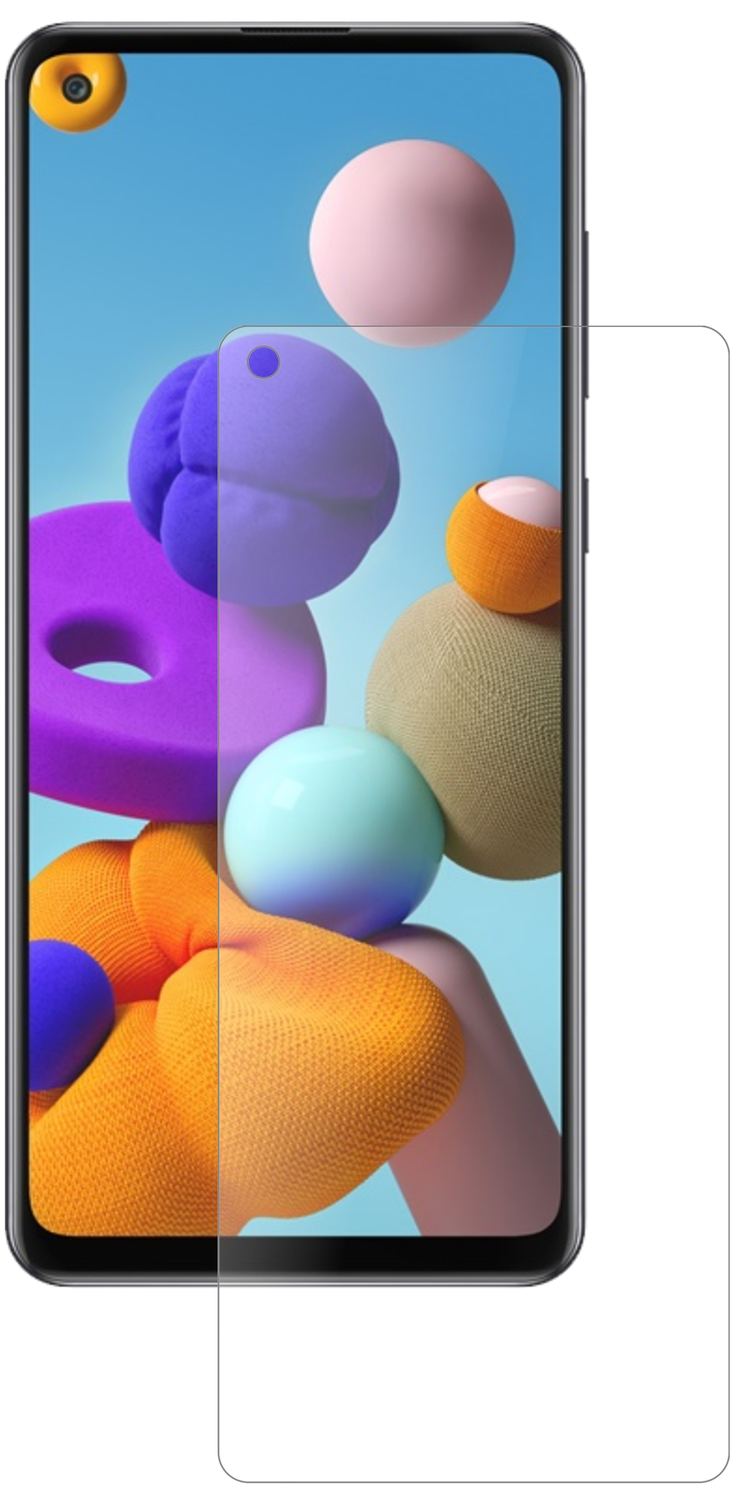 SamsungGalaxy A21s mit aufgebrachter dipos Panzerfolie, die lästige Fingerabdrücke minimiert