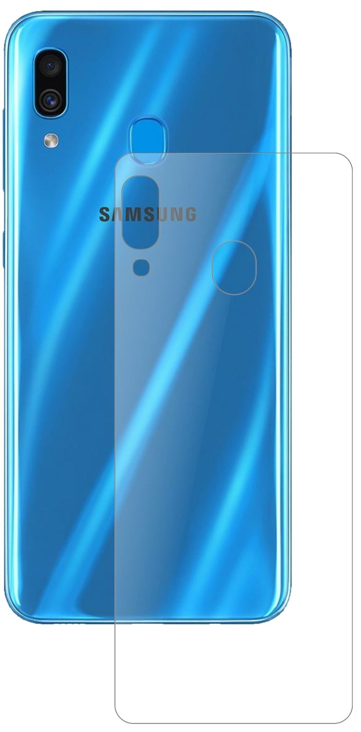 SamsungGalaxy A30 Rückseite mit aufgebrachter dipos Panzerfolie, die lästige Fingerabdrücke minimiert