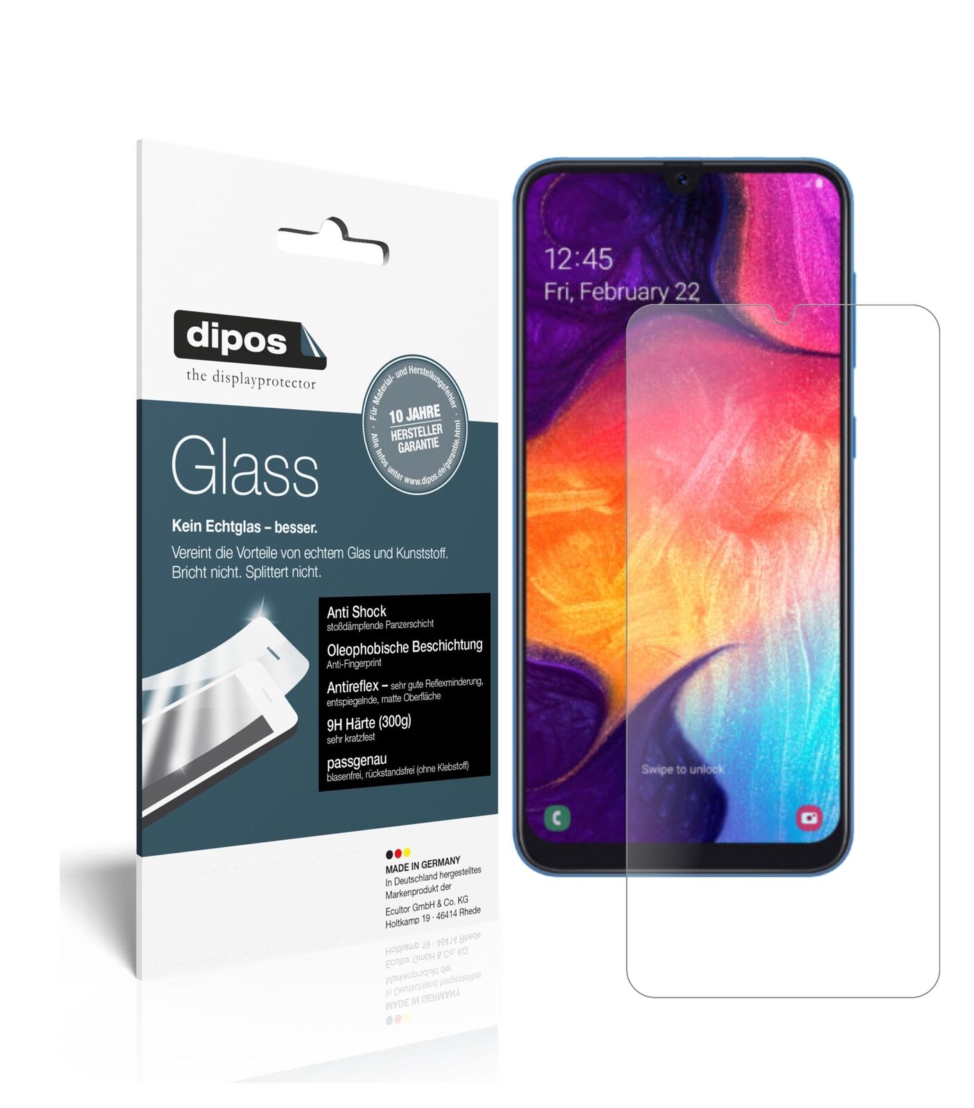 SamsungGalaxy A40 mit aufgebrachter dipos Panzerfolie, die lästige Fingerabdrücke minimiert