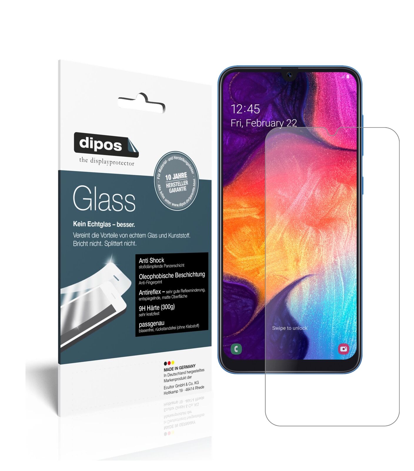 SamsungGalaxy A50 mit aufgebrachter dipos Panzerfolie, die lästige Fingerabdrücke minimiert