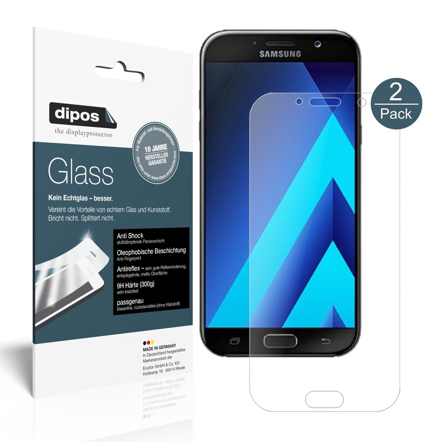 SamsungGalaxy A7 (2017) mit aufgebrachter dipos Panzerfolie, die lästige Fingerabdrücke minimiert