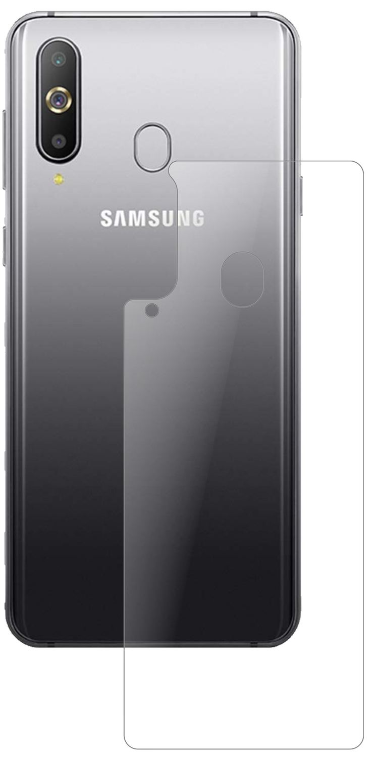 SamsungGalaxy A8s Rückseite mit aufgebrachter dipos Panzerfolie, die lästige Fingerabdrücke minimiert