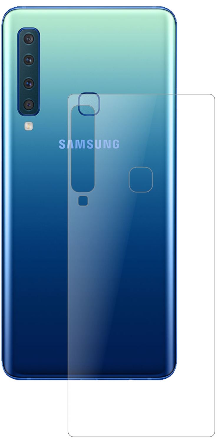 SamsungGalaxy A9 (2018) Rückseite mit aufgebrachter dipos Panzerfolie, die lästige Fingerabdrücke minimiert