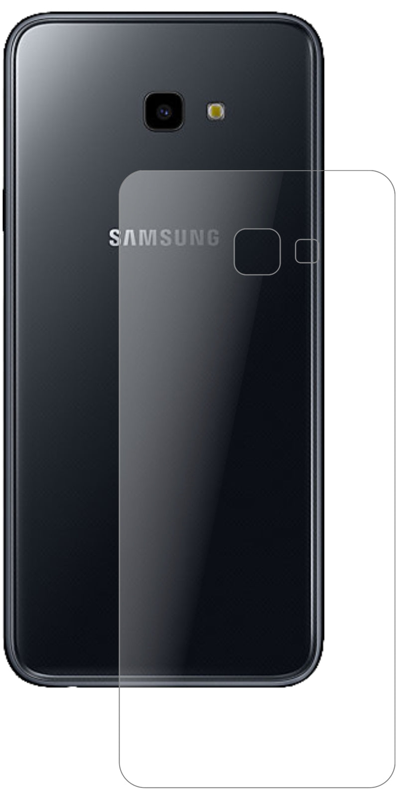 SamsungGalaxy J4 Plus (2018) Rückseite mit aufgebrachter dipos Panzerfolie, die lästige Fingerabdrücke minimiert