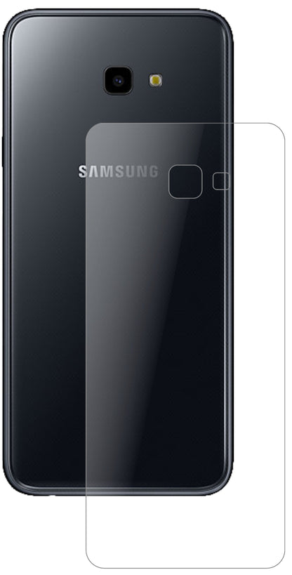 SamsungGalaxy J4 Plus (2018) Rückseite mit aufgebrachter dipos Panzerfolie, die lästige Fingerabdrücke minimiert