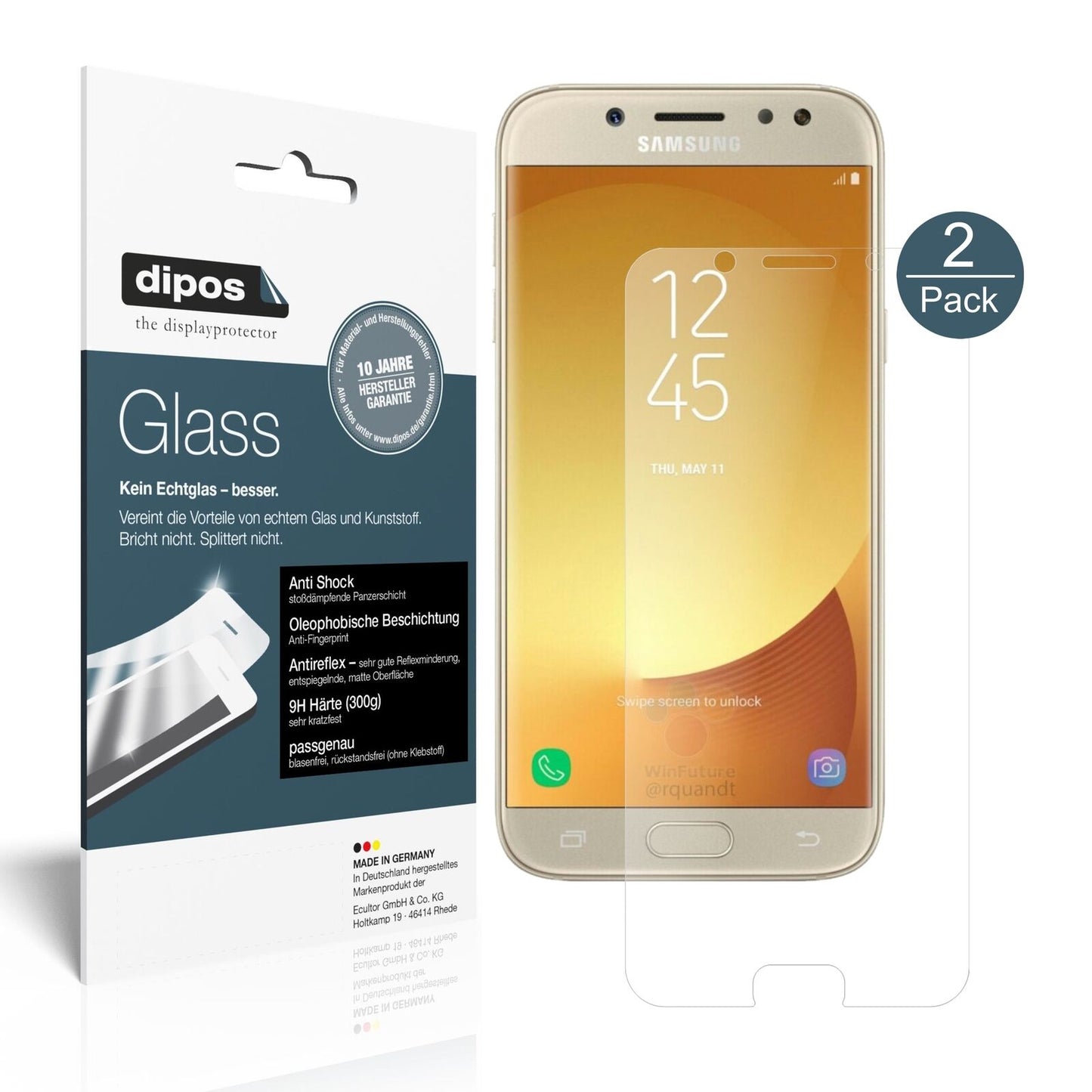 SamsungGalaxy J5 2017 mit aufgebrachter dipos Panzerfolie, die lästige Fingerabdrücke minimiert