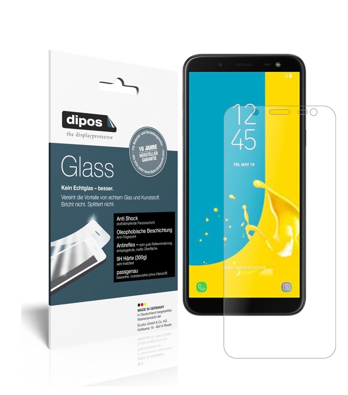 SamsungGalaxy J6 (2018) mit aufgebrachter dipos Panzerfolie, die lästige Fingerabdrücke minimiert