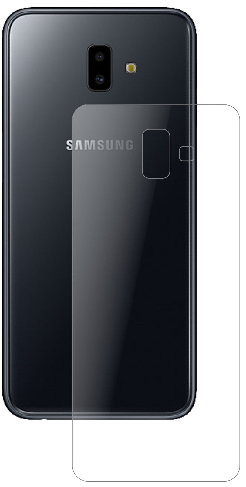 SamsungGalaxy J6 Plus (2018) Rückseite mit aufgebrachter dipos Panzerfolie, die lästige Fingerabdrücke minimiert