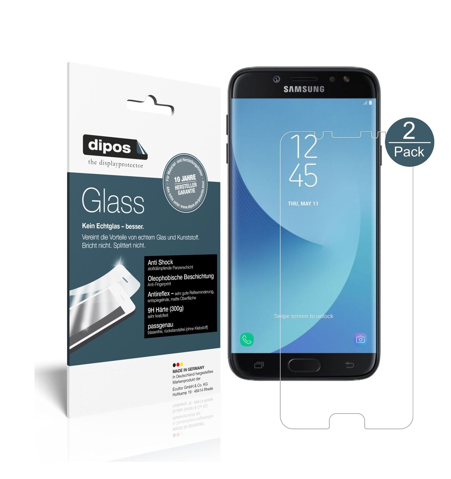 SamsungGalaxy J7 Pro mit aufgebrachter dipos Panzerfolie, die lästige Fingerabdrücke minimiert