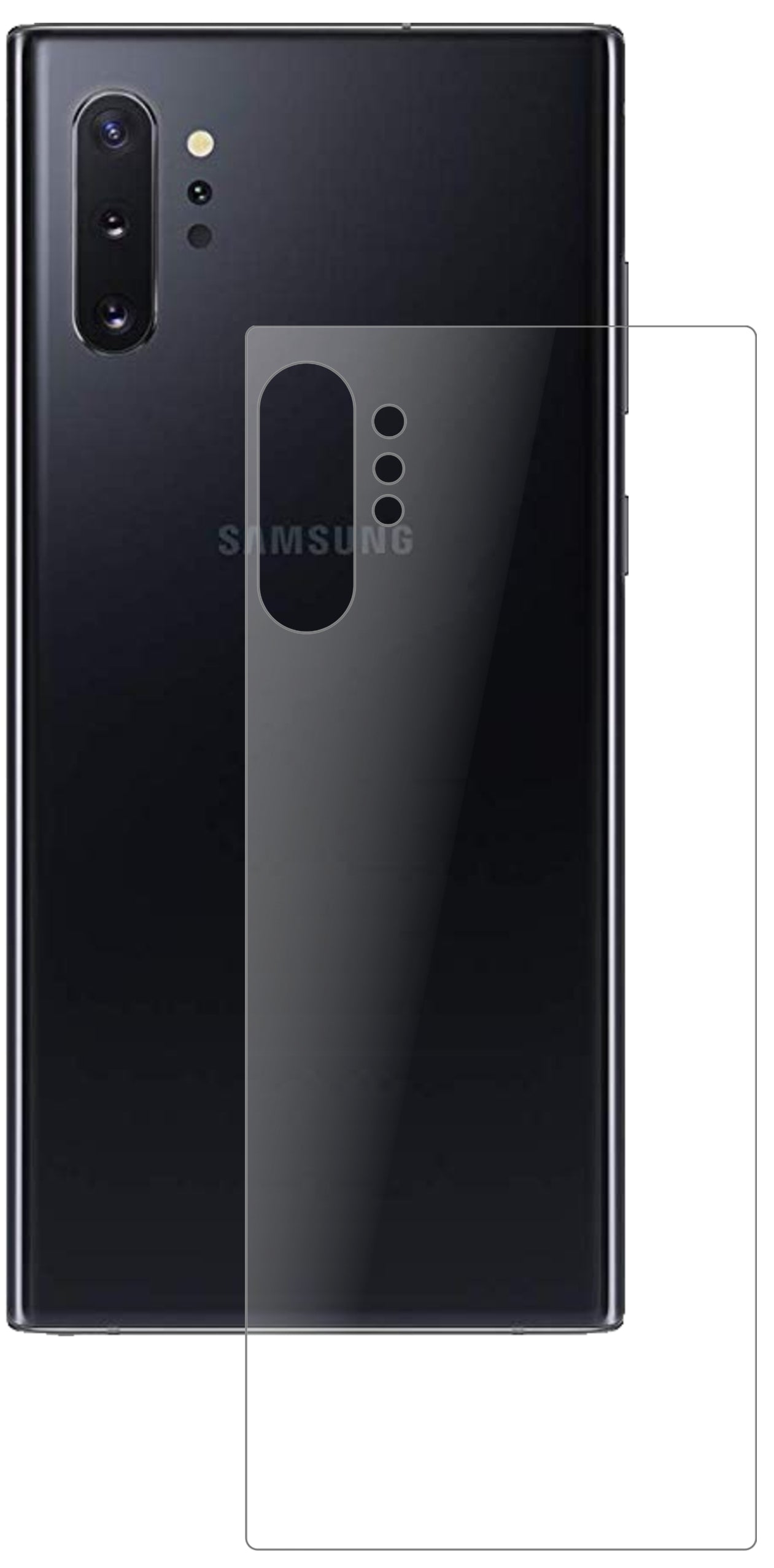 SamsungGalaxy Note 10 Plus Rückseite mit aufgebrachter dipos Panzerfolie, die lästige Fingerabdrücke minimiert