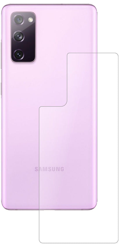 SamsungGalaxy S20 FE Rückseite mit aufgebrachter dipos Panzerfolie, die lästige Fingerabdrücke minimiert
