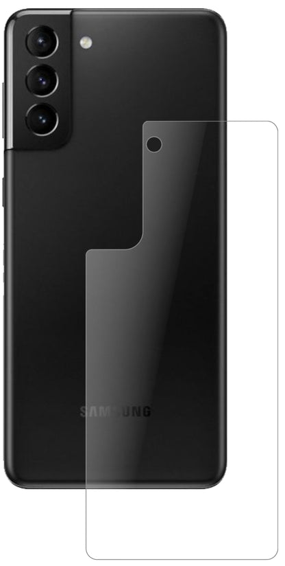 SamsungGalaxy S21 Plus Rückseite mit aufgebrachter dipos Panzerfolie, die lästige Fingerabdrücke minimiert