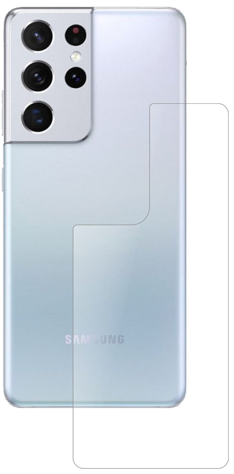 SamsungGalaxy S21 Ultra Rückseite mit aufgebrachter dipos Panzerfolie, die lästige Fingerabdrücke minimiert