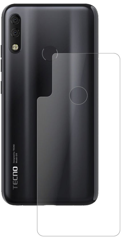 TecnoCamon 11 Pro Rückseite mit aufgebrachter dipos Panzerfolie, die lästige Fingerabdrücke minimiert