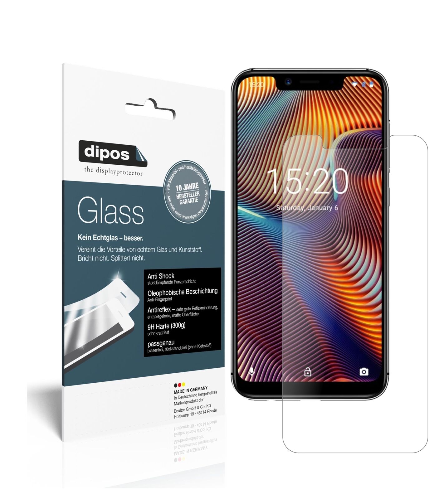 UmidigiA3 Pro (2018) mit aufgebrachter dipos Panzerfolie, die lästige Fingerabdrücke minimiert