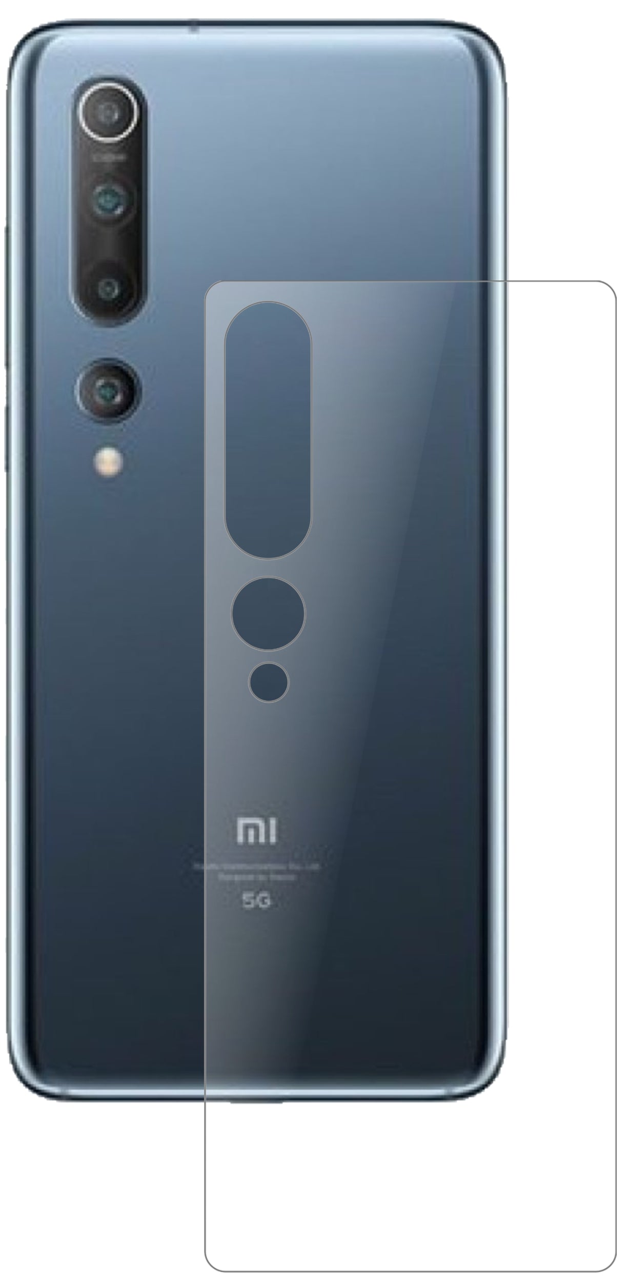 XiaomiMi 10 Rückseite mit aufgebrachter dipos Panzerfolie, die lästige Fingerabdrücke minimiert