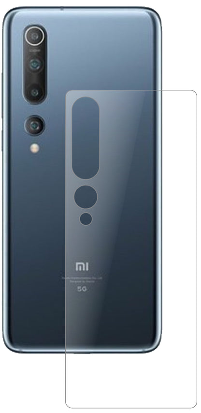 XiaomiMi 10 Rückseite mit aufgebrachter dipos Panzerfolie, die lästige Fingerabdrücke minimiert