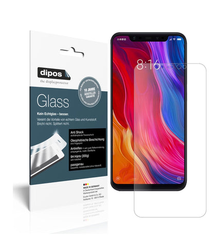 XiaomiMi 8 mit aufgebrachter dipos Panzerfolie, die lästige Fingerabdrücke minimiert