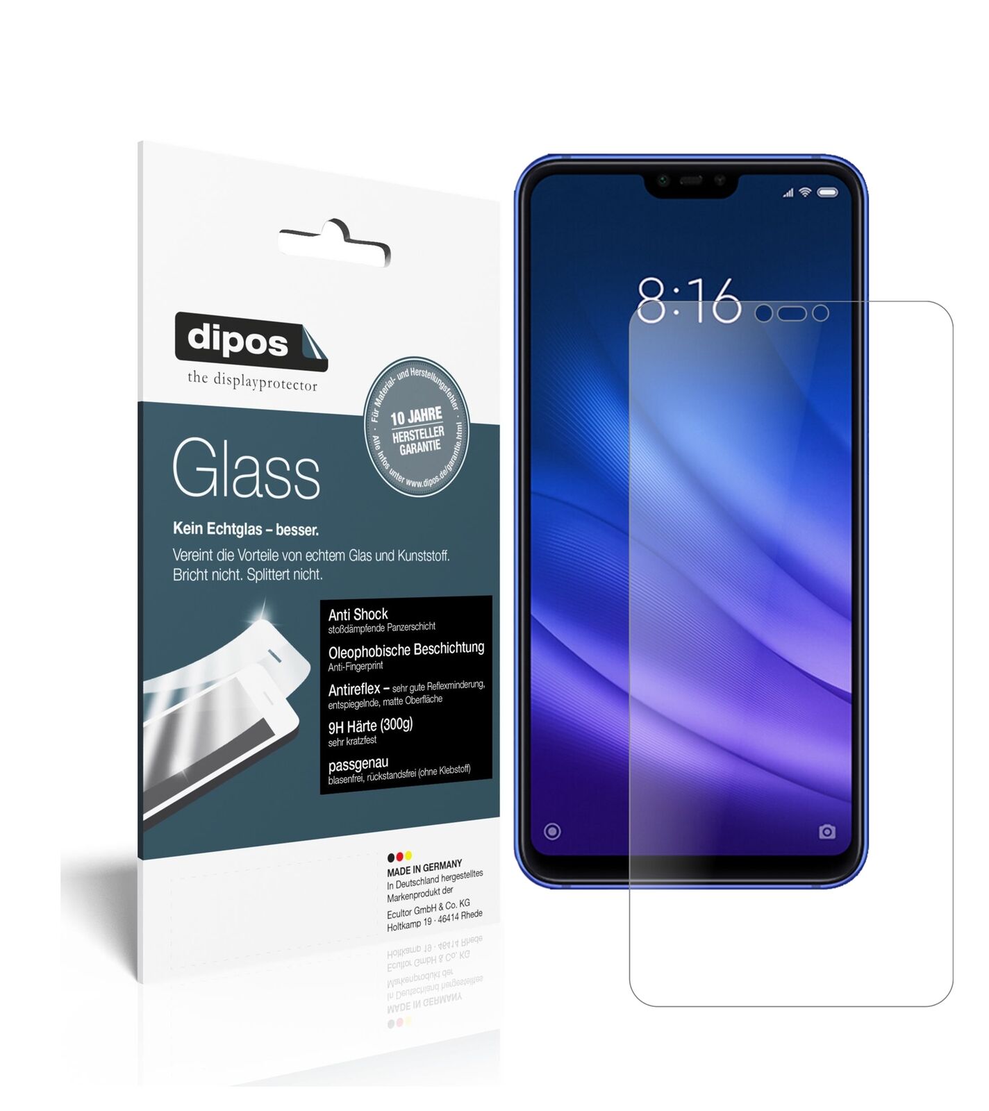 XiaomiMi 8 Lite mit aufgebrachter dipos Panzerfolie, die lästige Fingerabdrücke minimiert