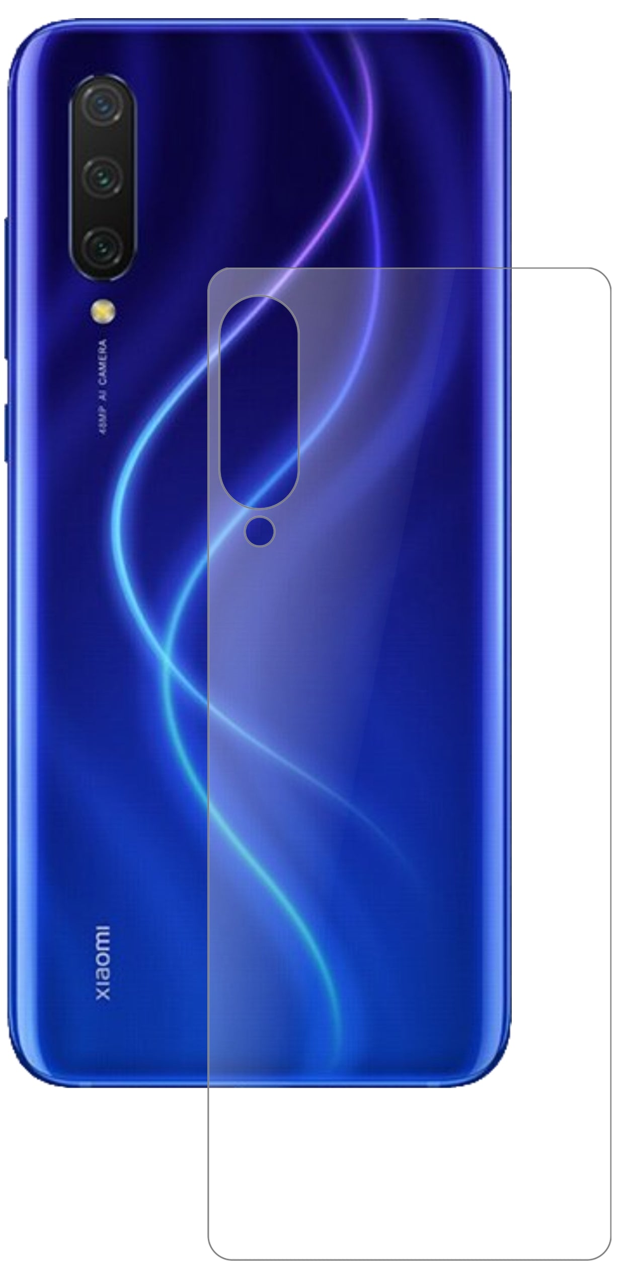 XiaomiMi CC9 Rückseite mit aufgebrachter dipos Panzerfolie, die lästige Fingerabdrücke minimiert