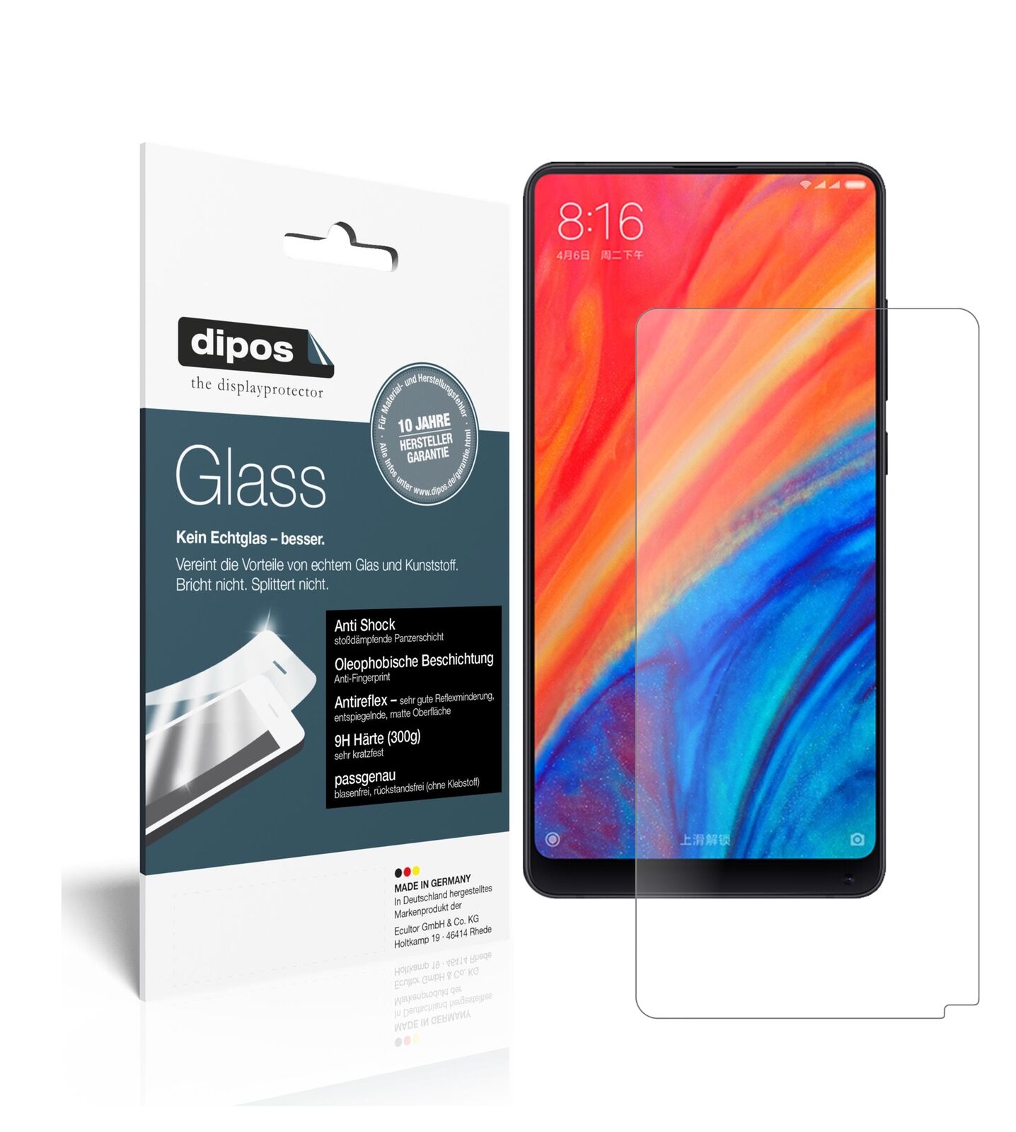 XiaomiMi Mix 2S mit aufgebrachter dipos Panzerfolie, die lästige Fingerabdrücke minimiert
