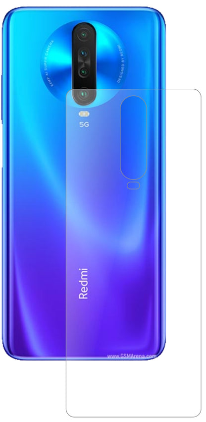 XiaomiRedmi K30i Rückseite mit aufgebrachter dipos Panzerfolie, die lästige Fingerabdrücke minimiert