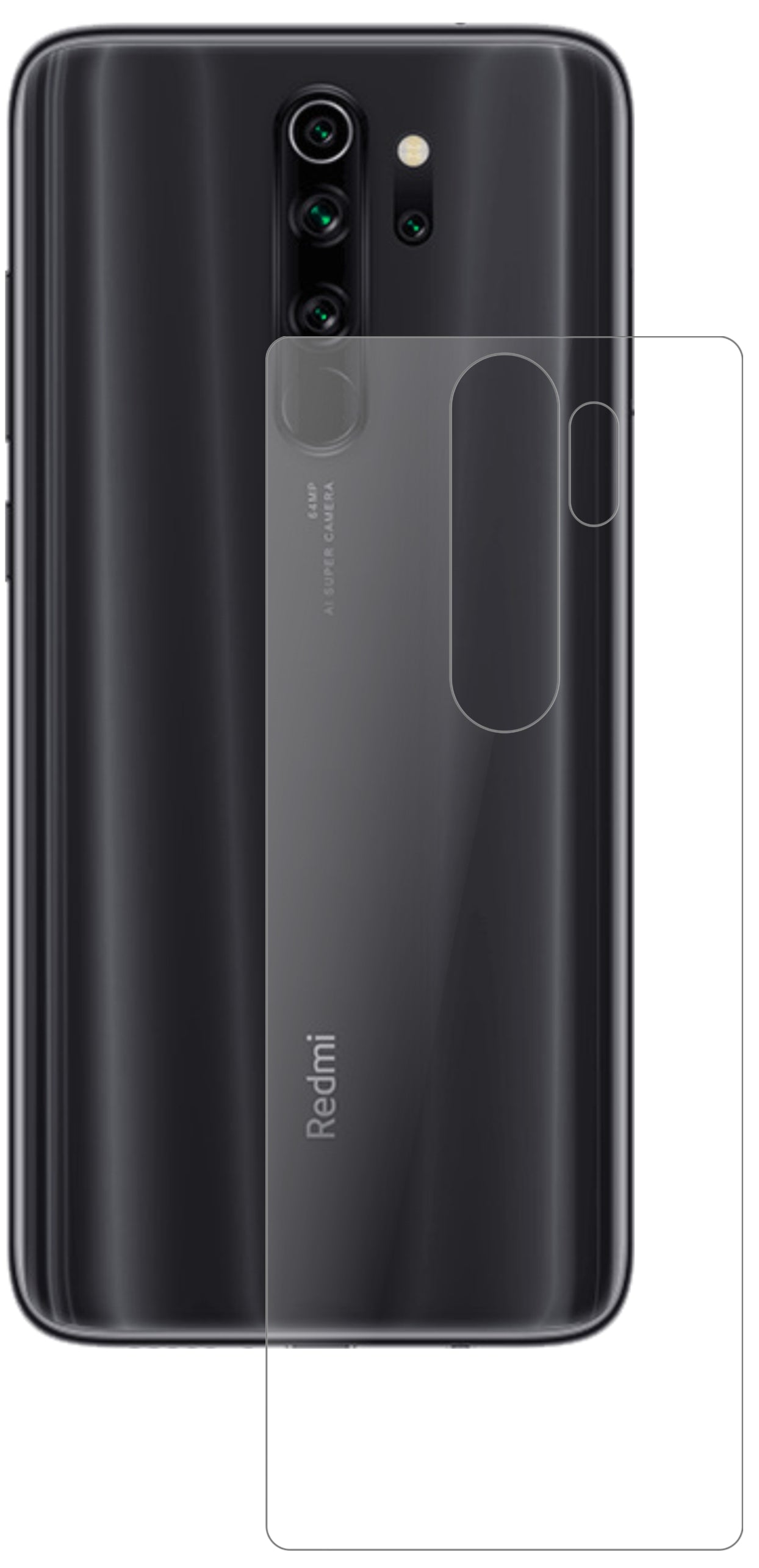 XiaomiRedmi Note 8 Rückseite mit aufgebrachter dipos Panzerfolie, die lästige Fingerabdrücke minimiert